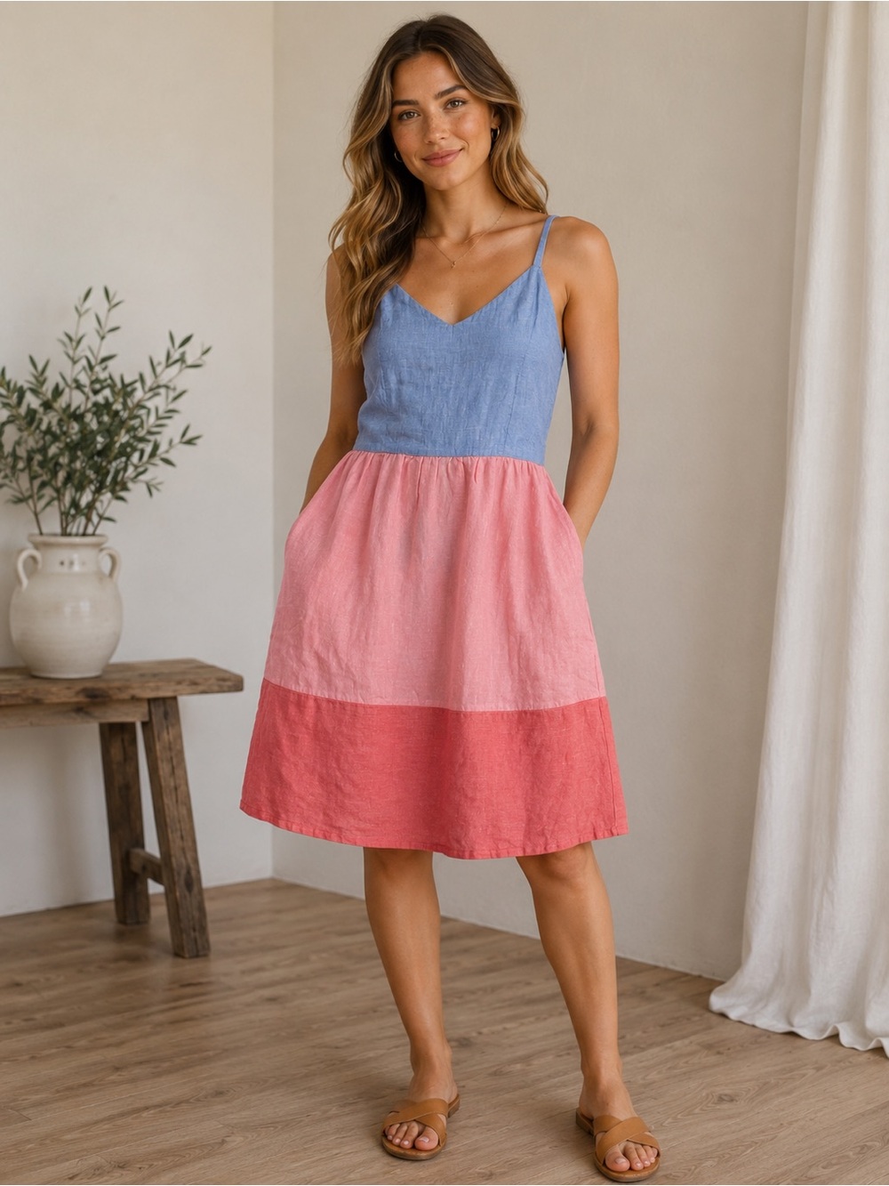 Cynthia Rowley 100% Linen Colorblock Sundress Size Small